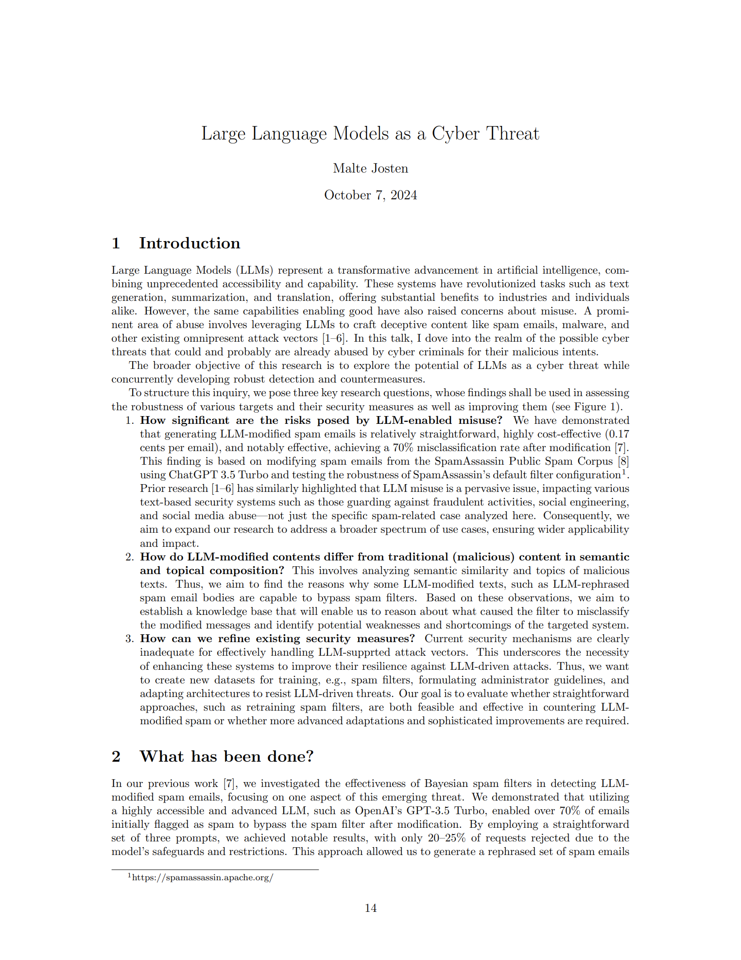 Extended Abstract: Large Language Models as a Cyber Threat